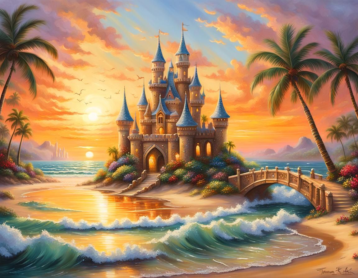 Ethereal Sandcastle at Sunset: Fantasy Oil Painting