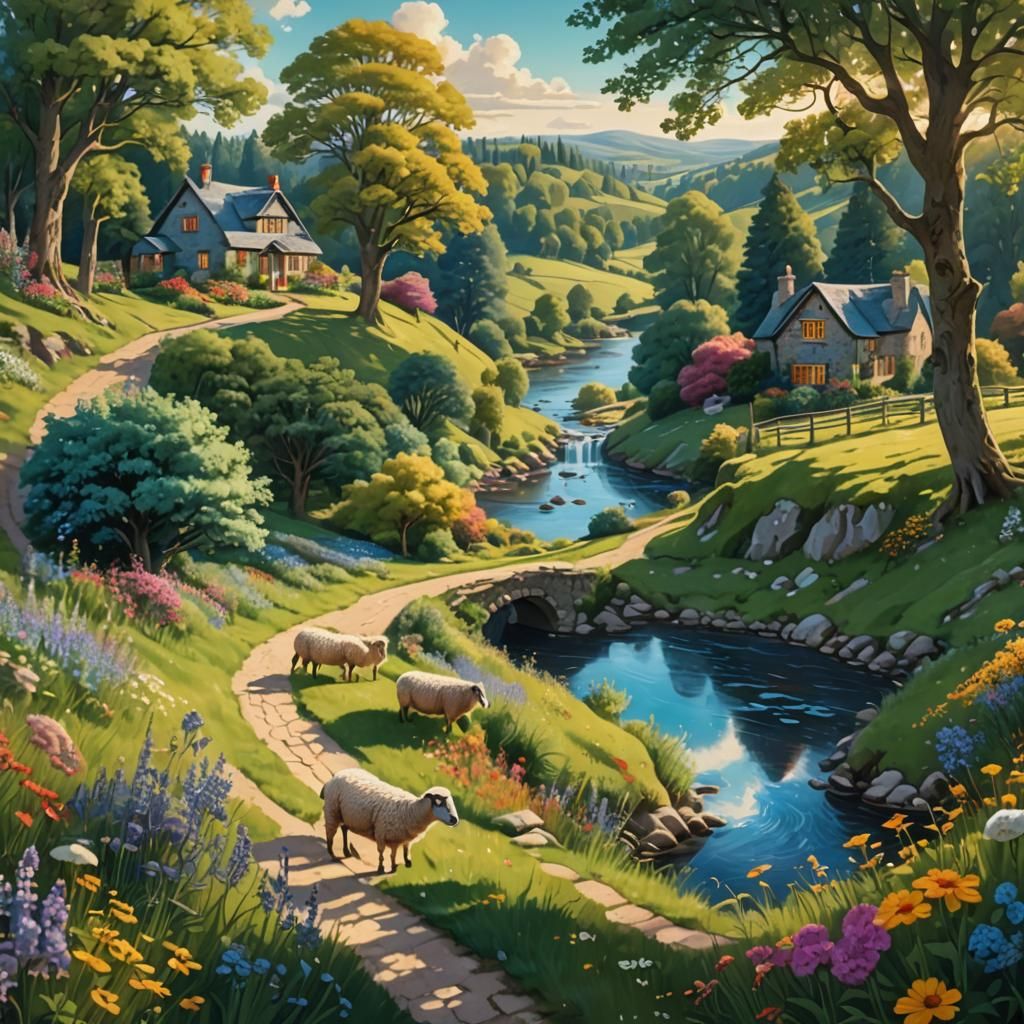 Countryside House with River and Sheep: Matte Painting