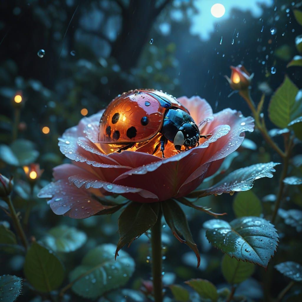 Surreal Bioluminescent Ladybird Amidst Golden Rose Petals