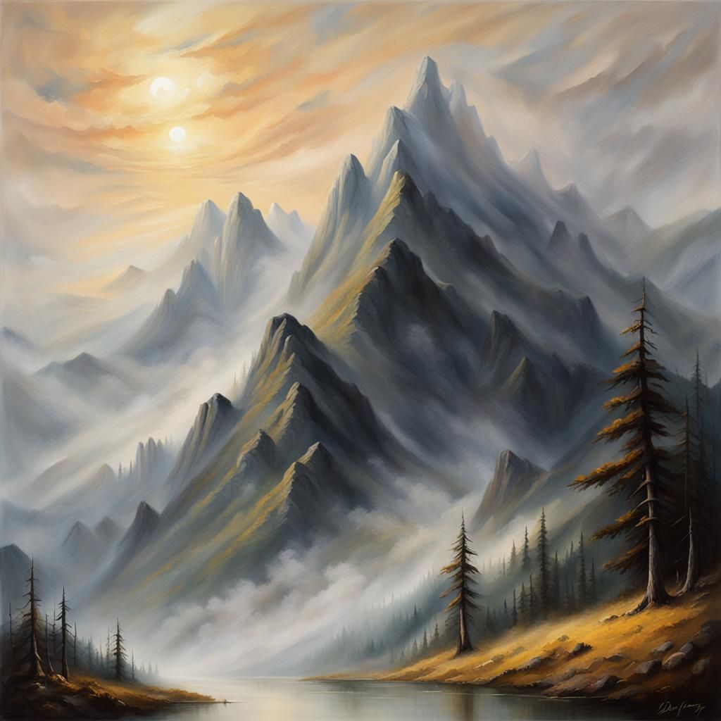 Misty Mountains in Golden Light: A Romantic Landscape