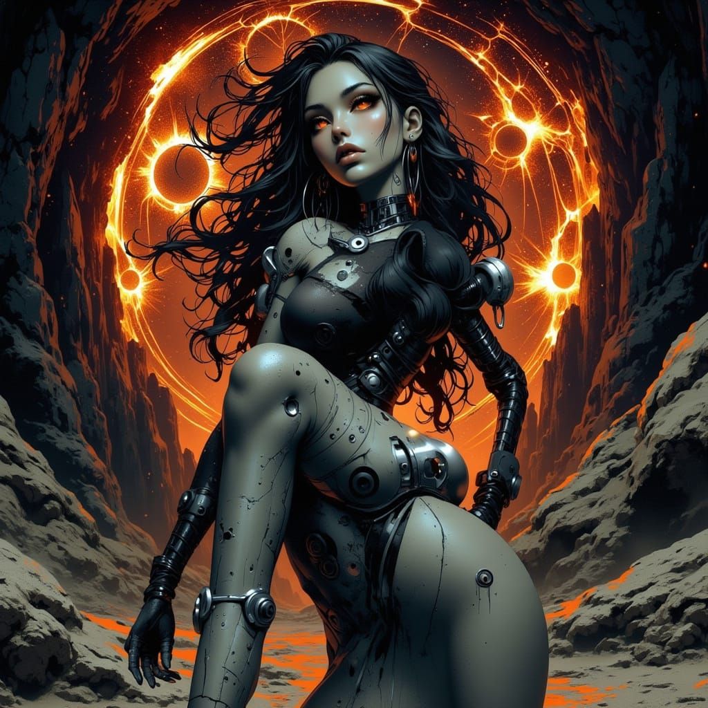 Futuristic Android Awakens in Cave with Glowing Paintings