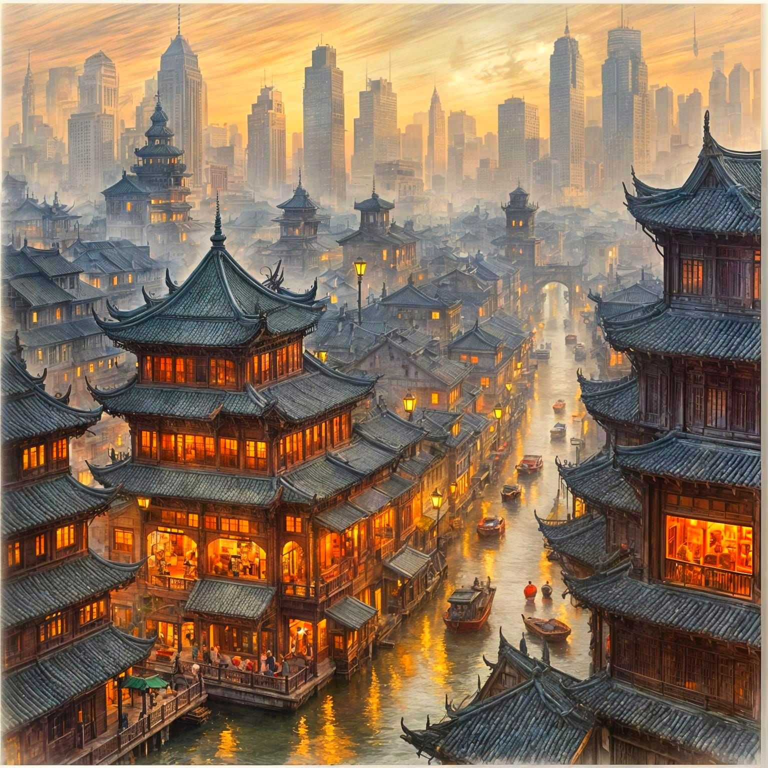Old Shanghai Scene in Detailed Pencil Drawing Style