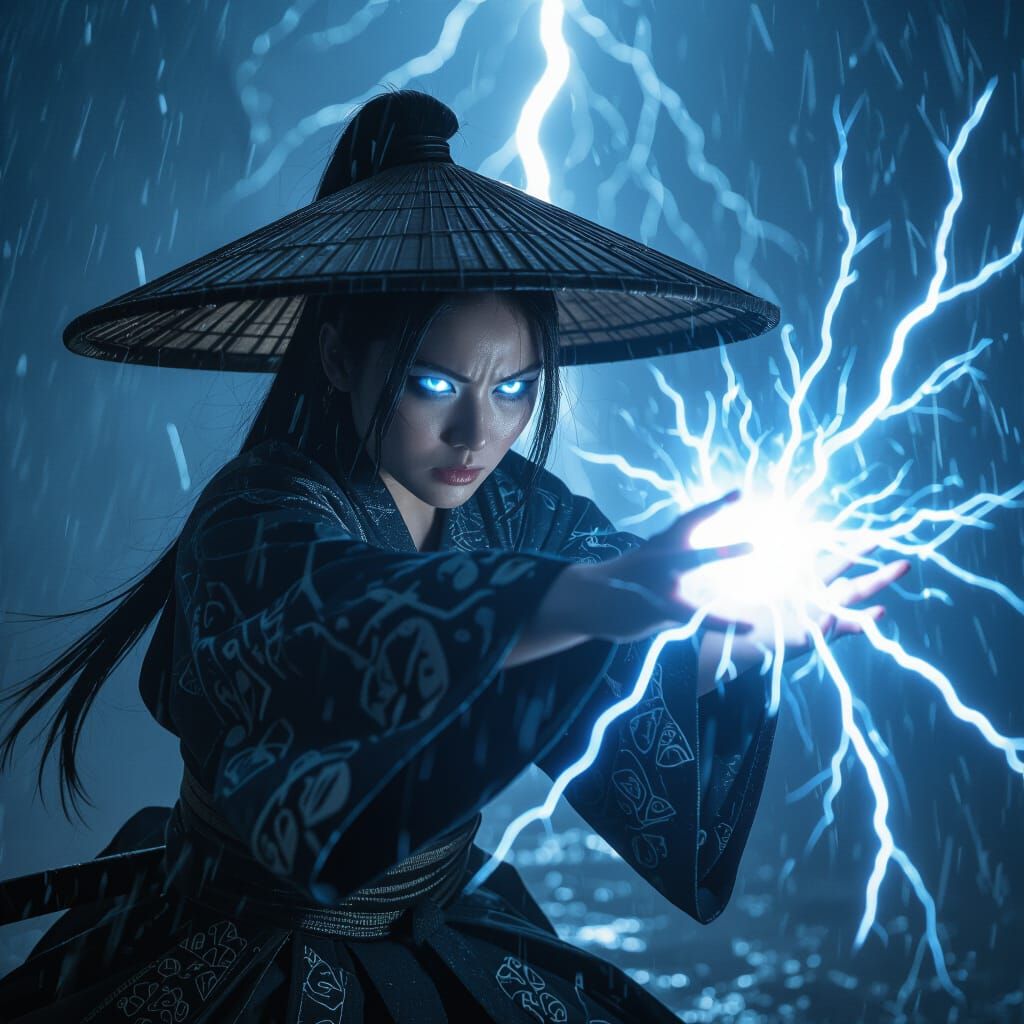 Japanese Sorceress Battles Storm with Blue Magic