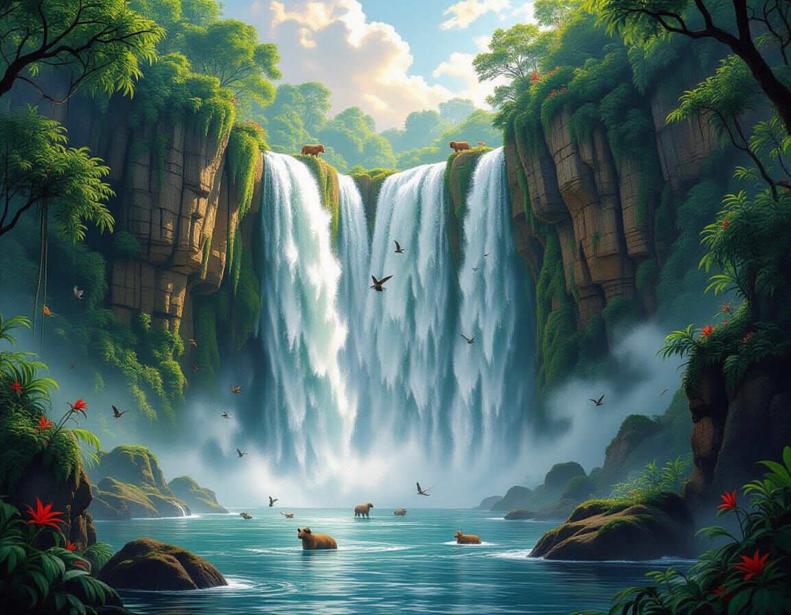 Majestic Waterfall with Integrated Zoo in Lush Jungle