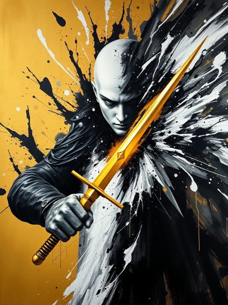 Heroic Figure Piercing Darkness with Golden Sword