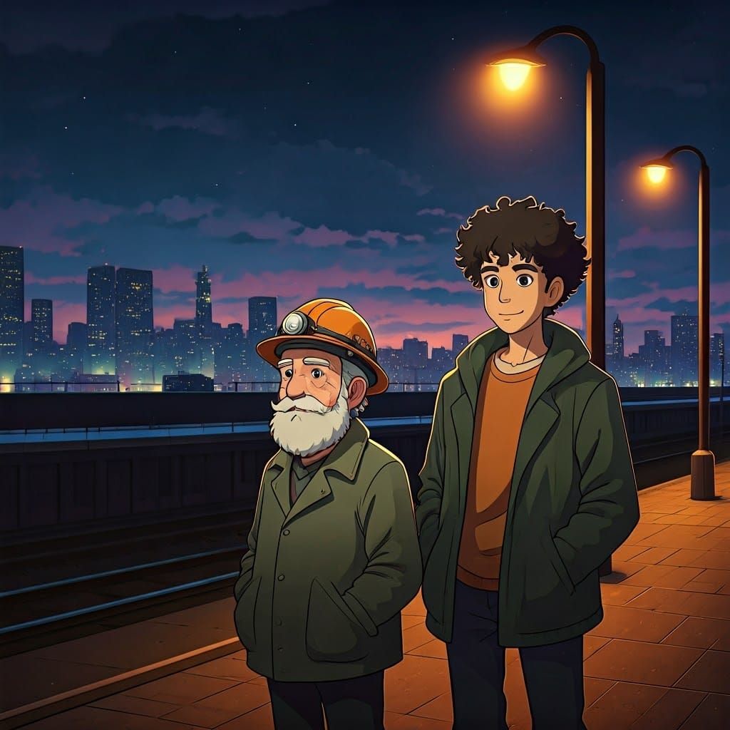 Italian Geologist and Son at Dawn, Anime Style