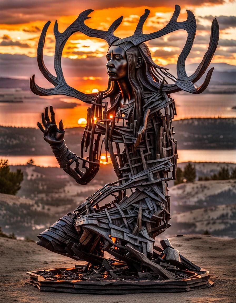 Surreal Antlered Woman Sculpture at Sunset