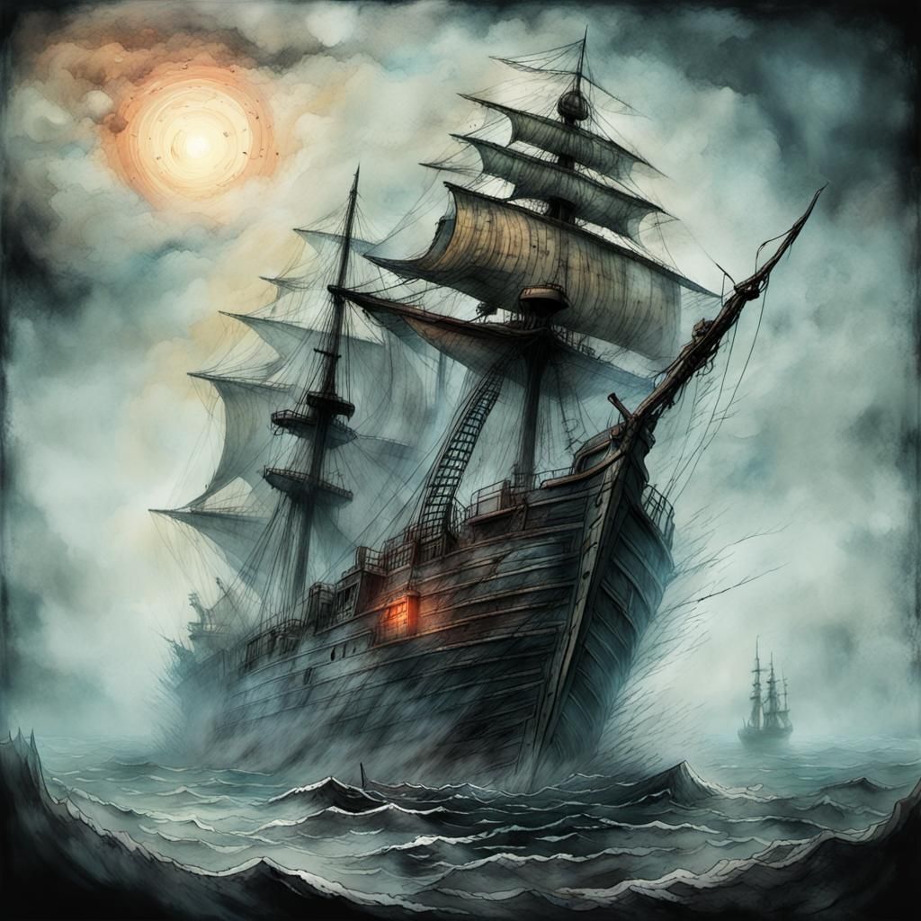 Tattered Ghost Ship in Fog, Comic Book Art