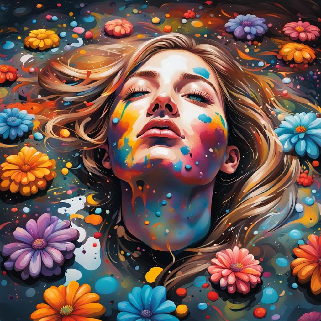 Colorful Graffiti Woman with Flowers, Ultra Detailed Art