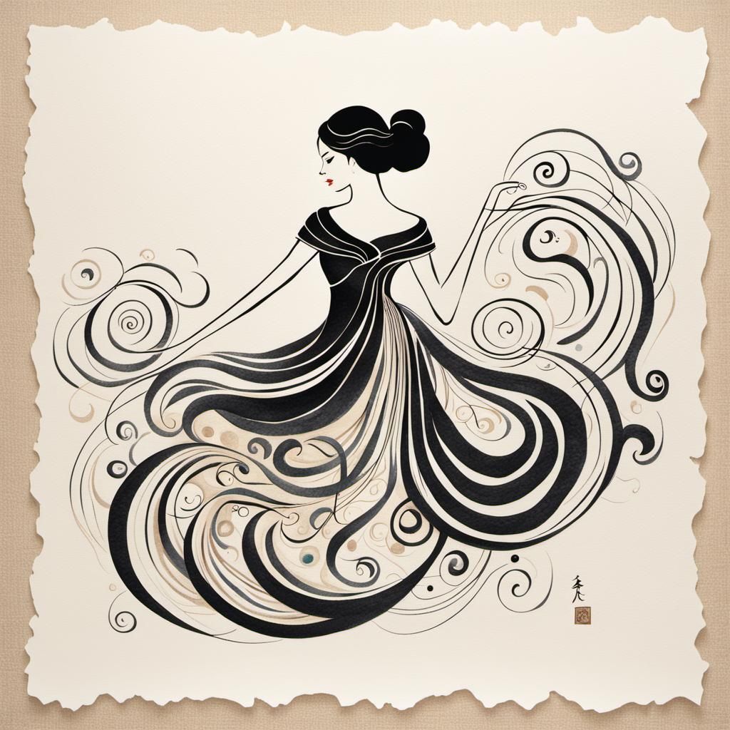 Calligraphic Portrait of a Lady in Silk Dress