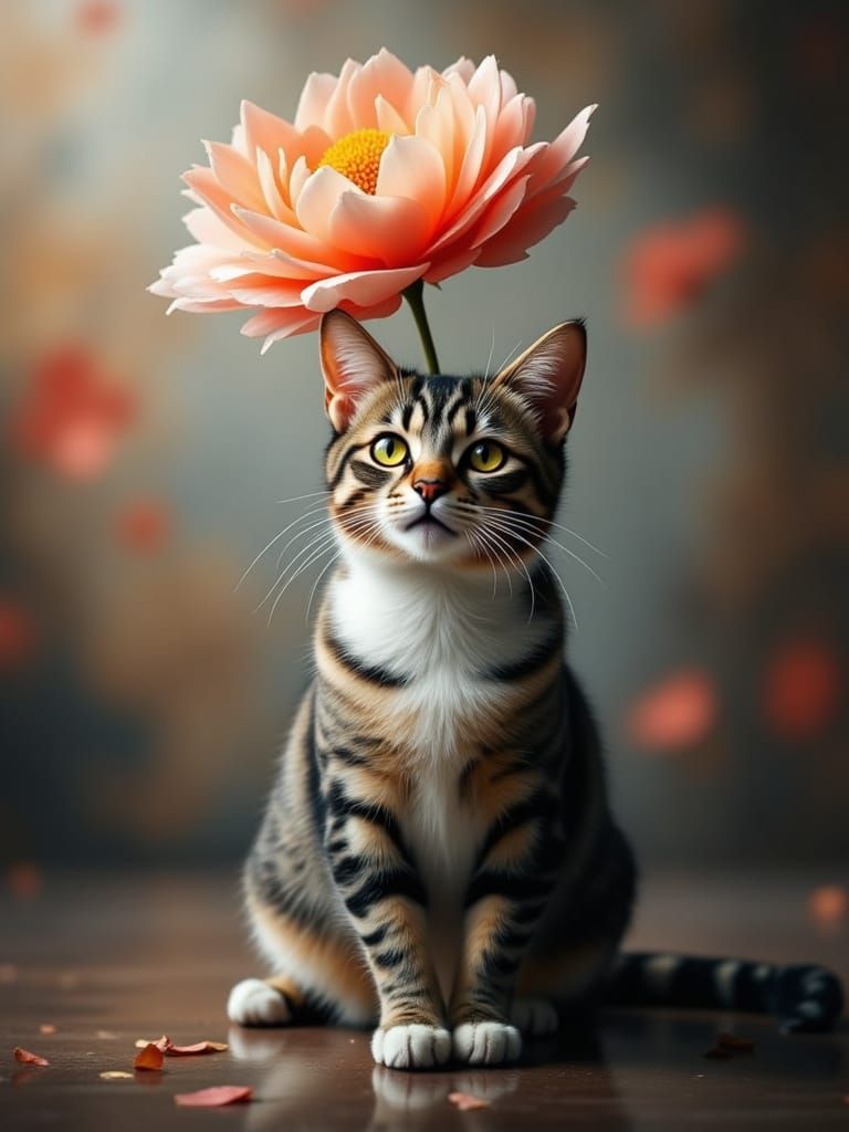 Adorable Cat Poses Under Tall Flower