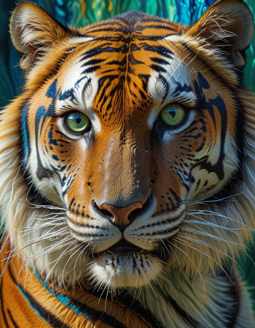 Tiger's Dreamlike Gaze in Vibrant Blue and Silver