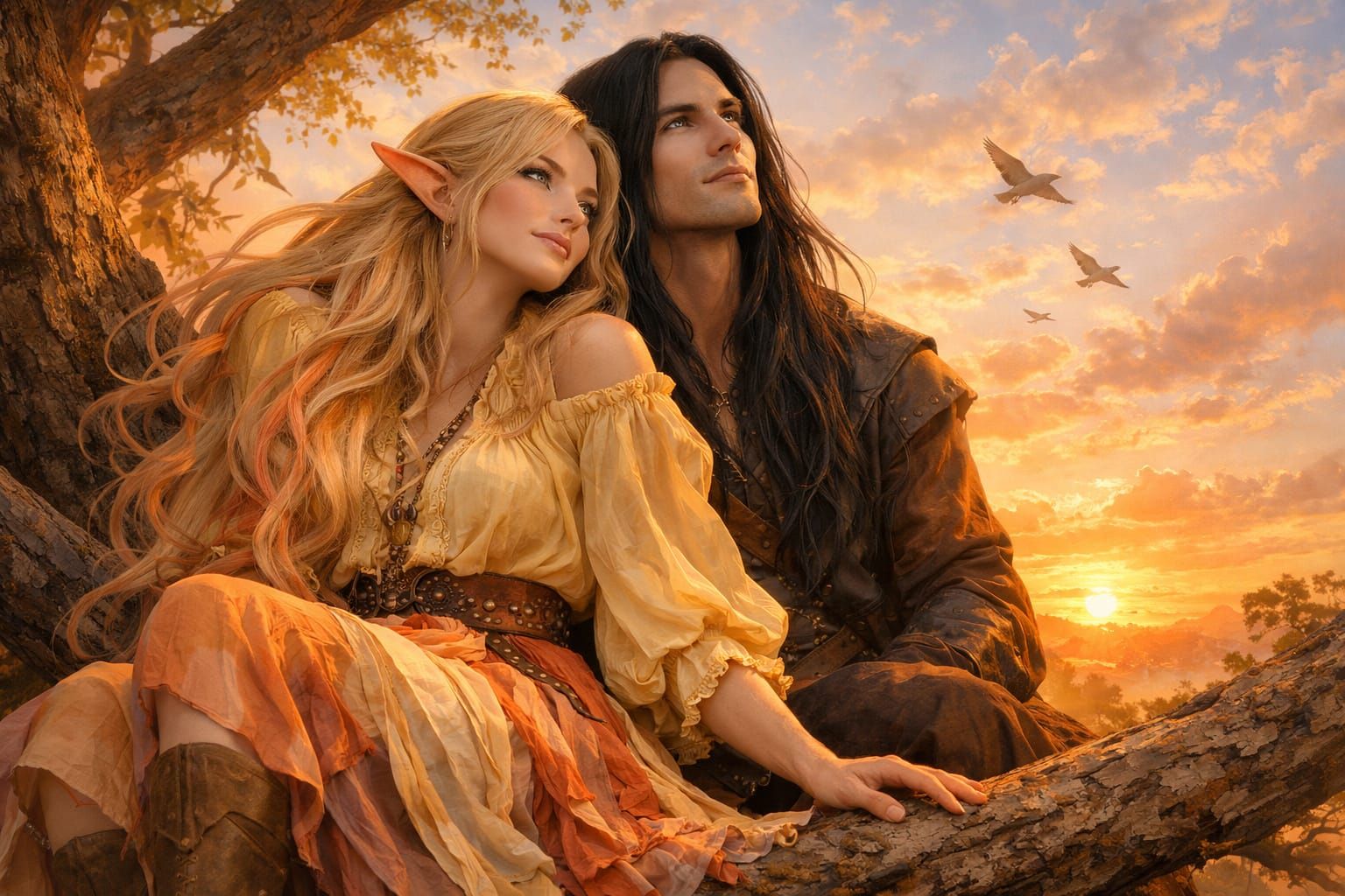 Elf Couple Watches Sunrise From Tree in Ethereal Fantasy Sty...