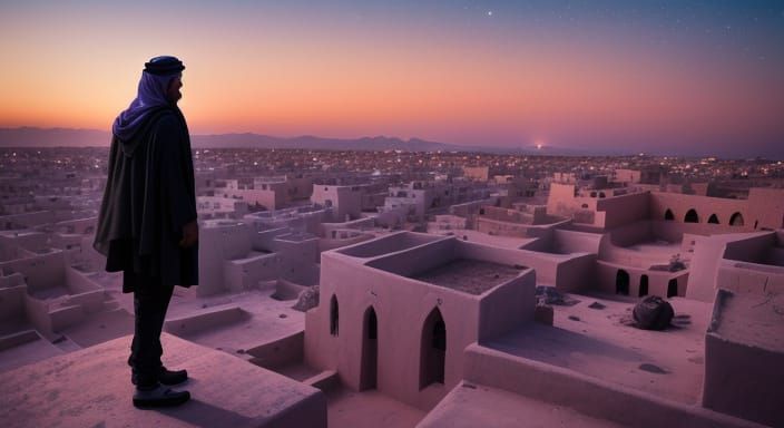 Moroccan Man on Rooftop with Digital Calligraphy