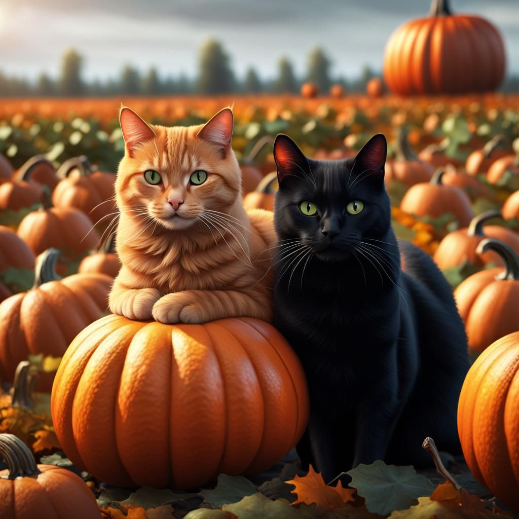 Ginger Cat and Black Cat by Pumpkins