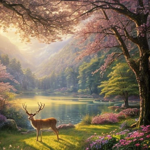 Deer with Cherry Blossoms in Ethereal Light