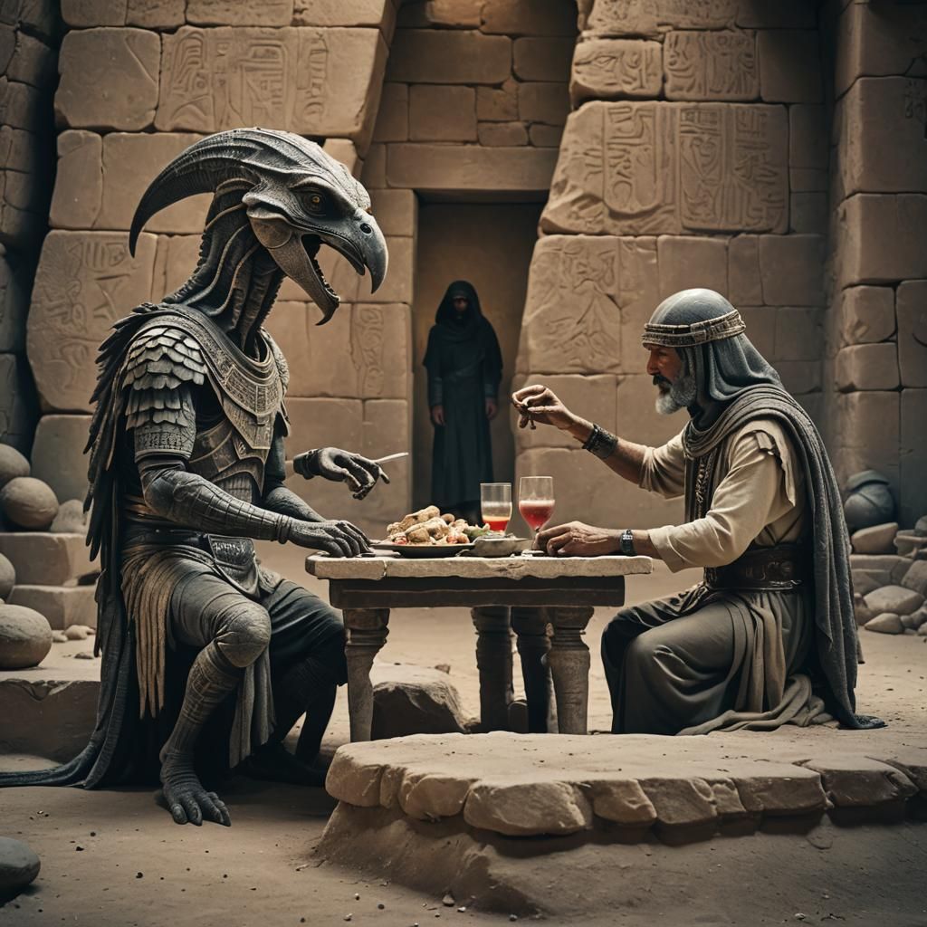 Mesopotamian Man Dines with Bird Alien: Cinematic Still