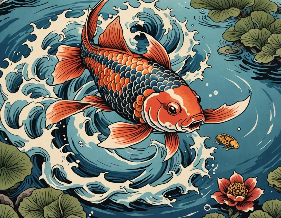 Colorful Koi Fish in Ukiyo-e Style
