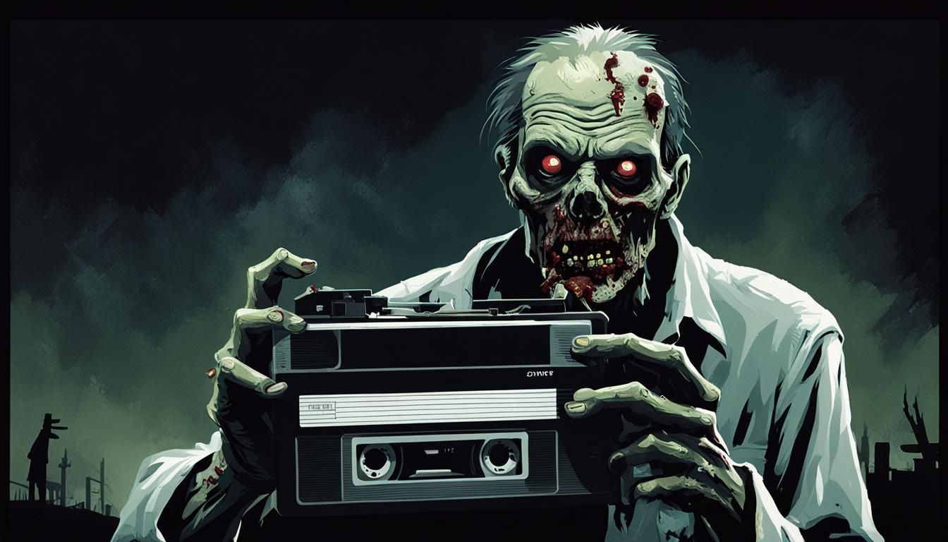 Sinister Zombie Intently Views VHS Tape