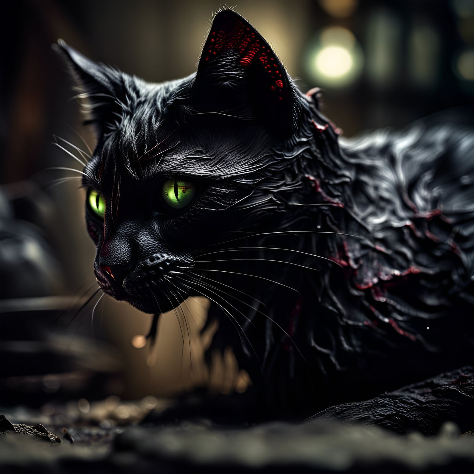 Hyperrealistic Zombie Black Cat in Cinematic Style