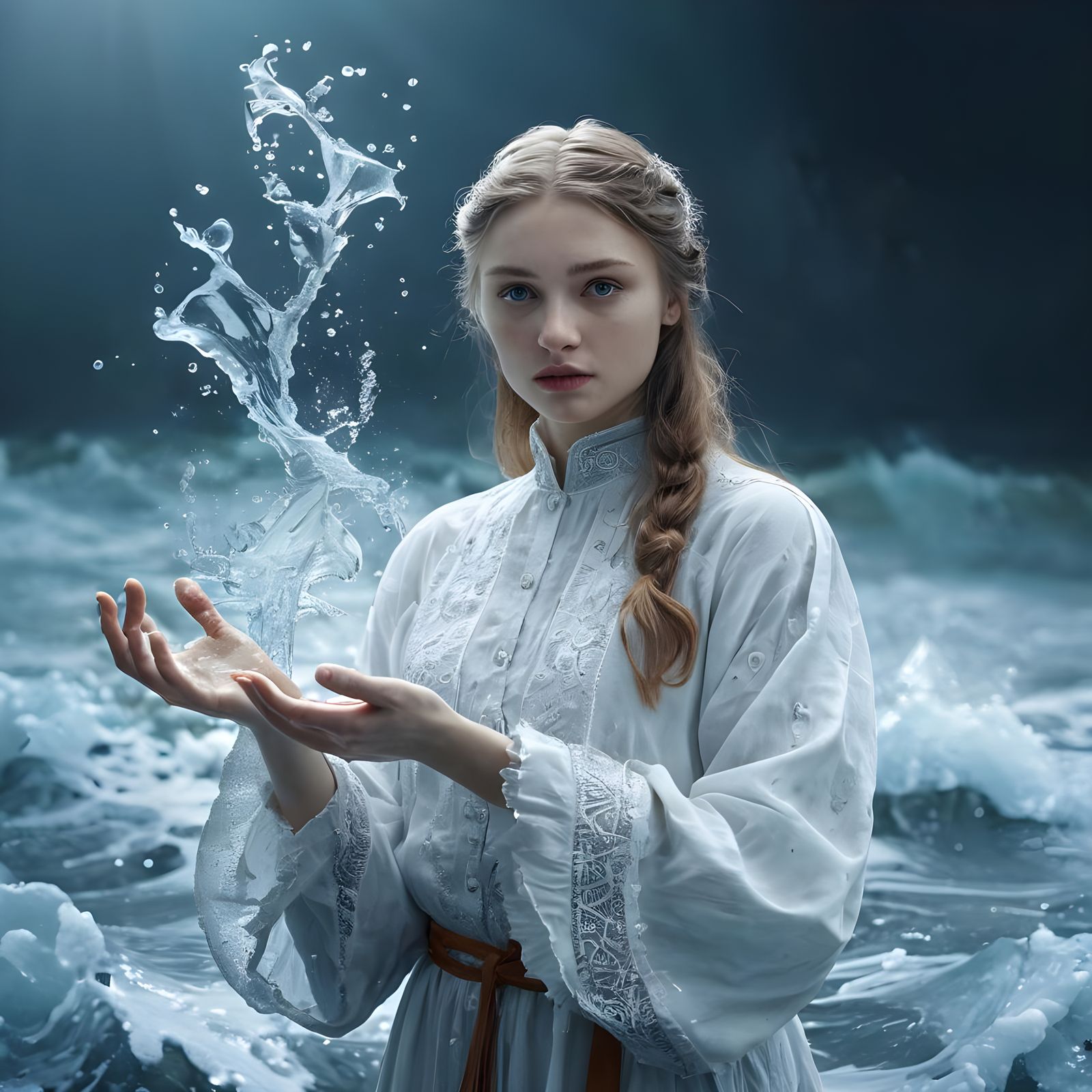 Dramatic Mavka Turns Waves to Ice: Cinematic Still