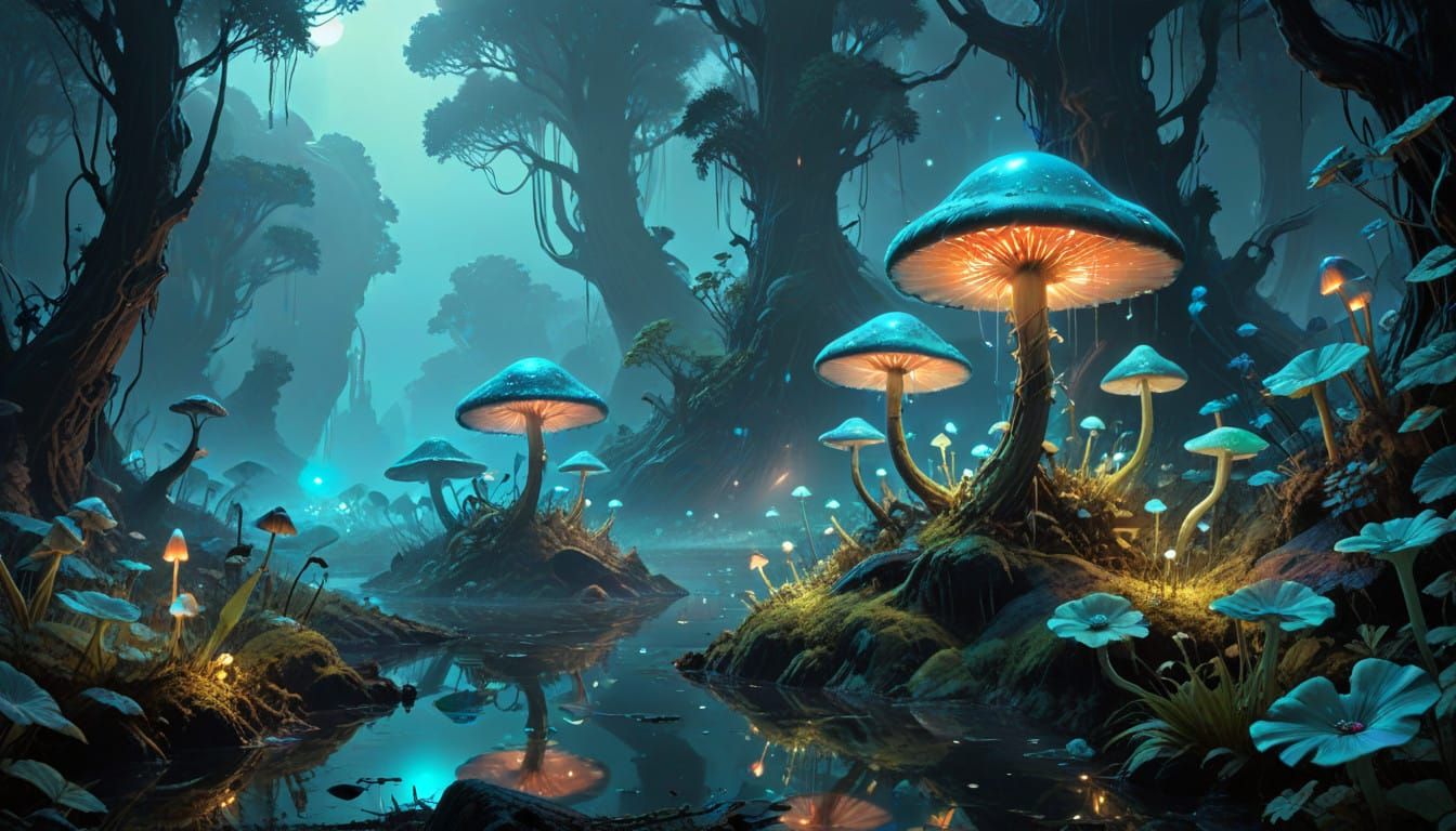 Glowing Extraterrestrial World with Bioluminescent Flora