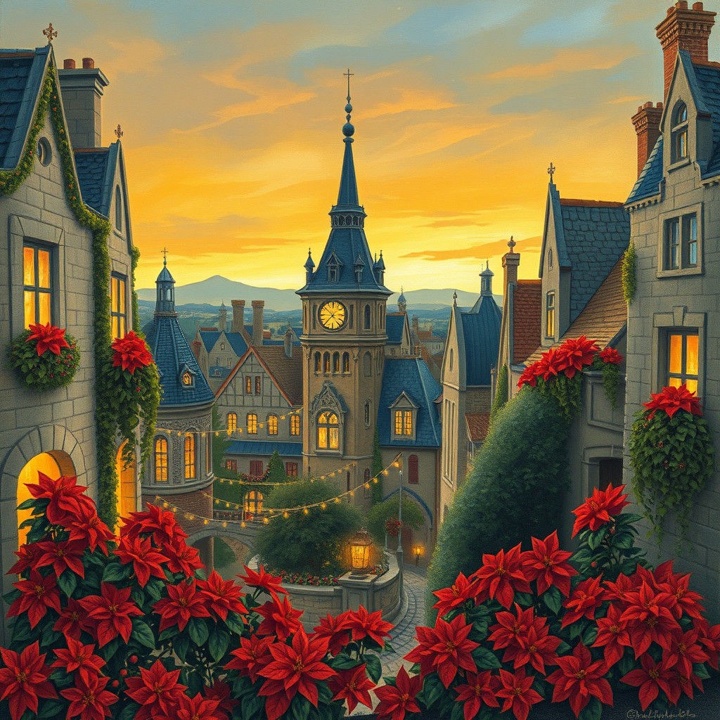 Enchanted Poinsettia Cityscape at Dusk in Gouache Style