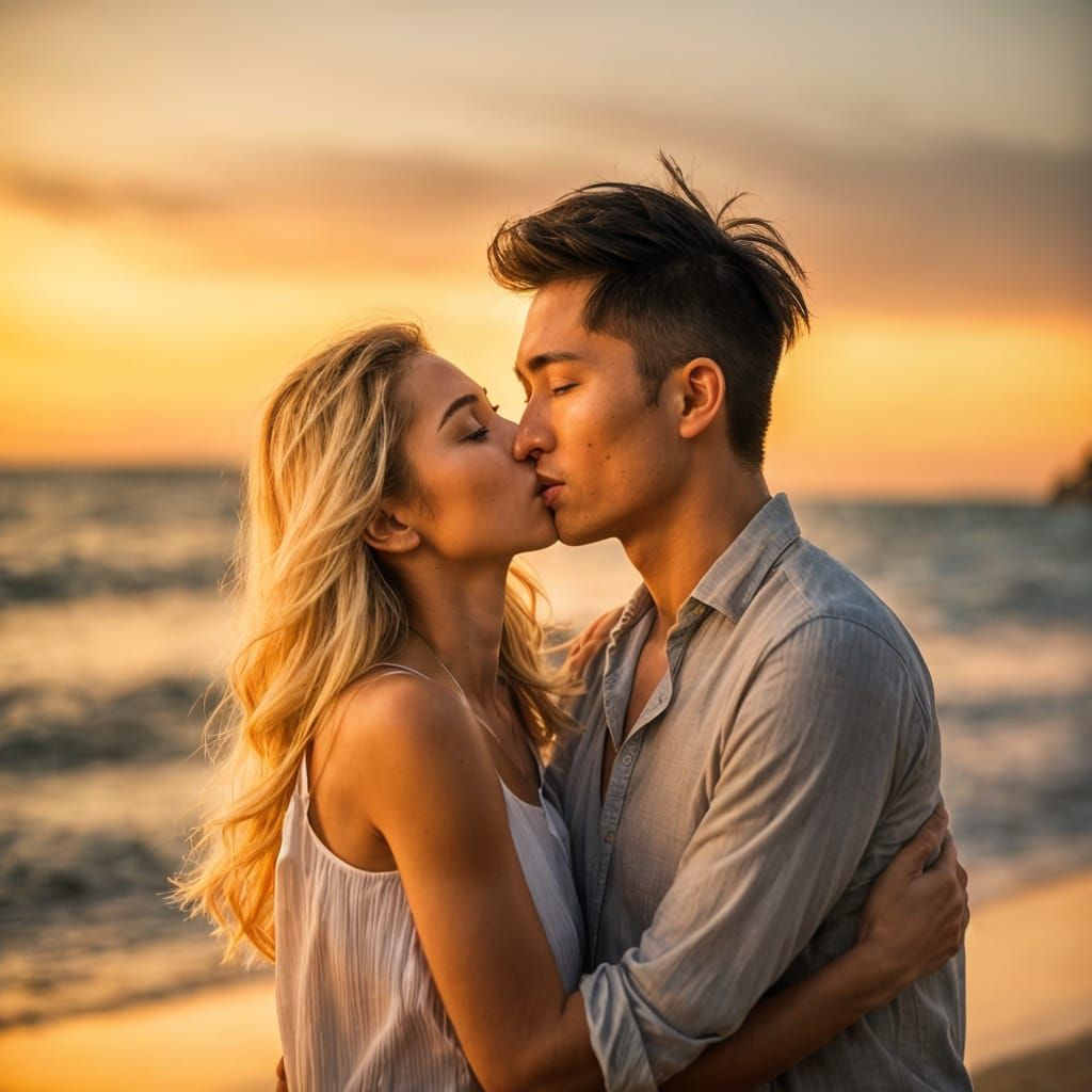 Romantic Beach Sunset Kiss: Vietnamese Man and French Woman