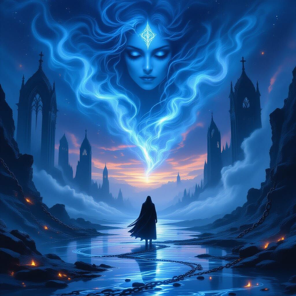 Mystical Fantasy Album Cover: Lone Figure in Twilight Mist