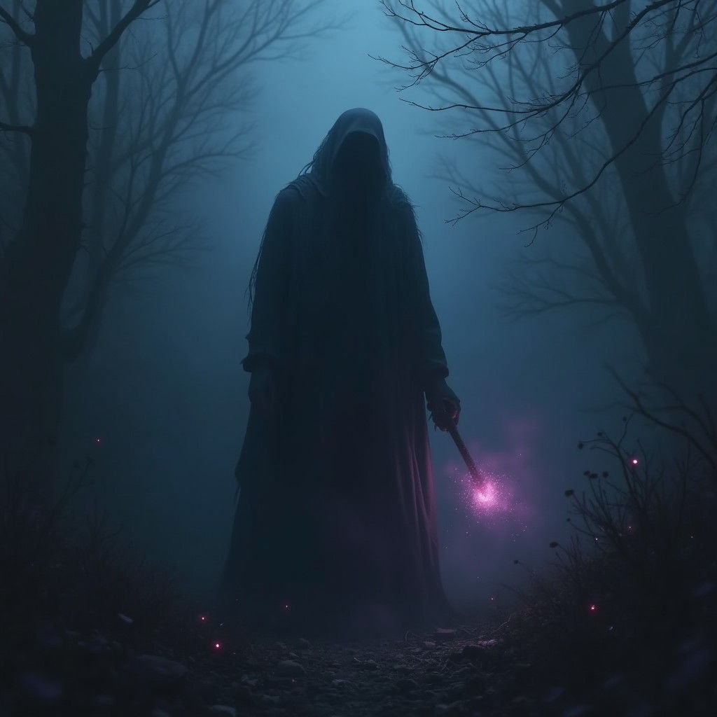 Mystical Shadow Figure in Dark, Moody Atmosphere