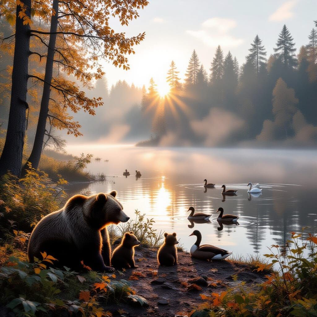 Autumn Forest Morning: Bear Family by Misty Lake