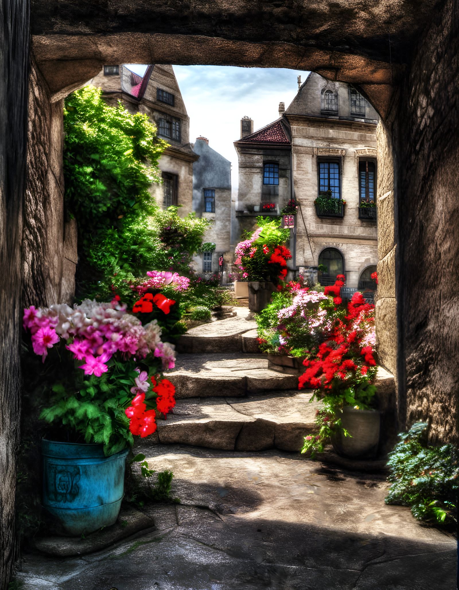 Hyperrealistic Eraserpunk Oasis Scene with Vibrant Garden an...