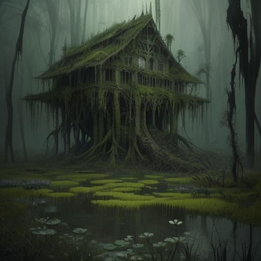 Eerie Swamp Scene with Bones and Green Moss