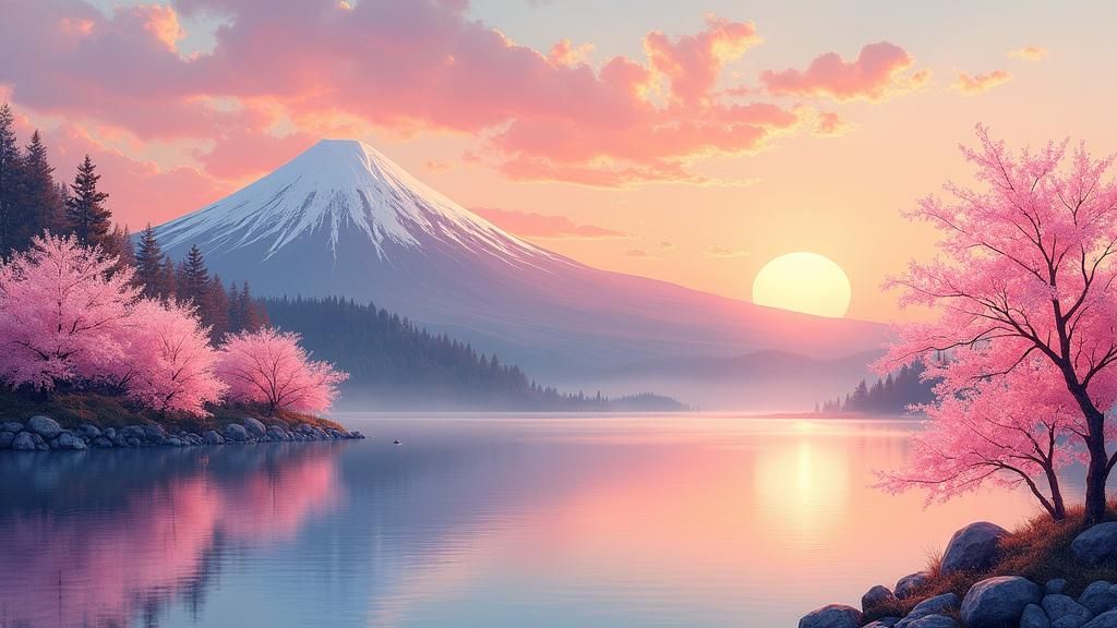 Cherry Blossom Sunset Landscape in Watercolor Style