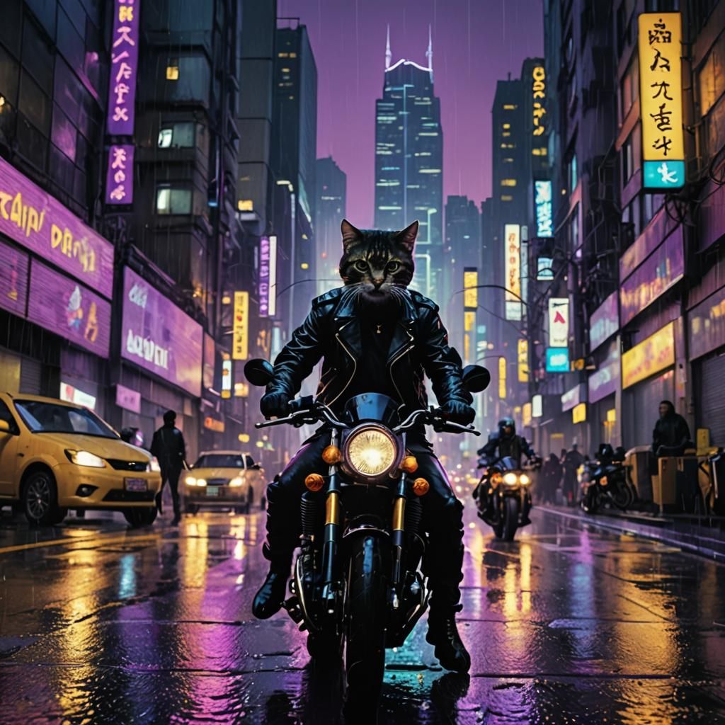 Cybergothic Cat Leads Motorcycle Pack in Neon City