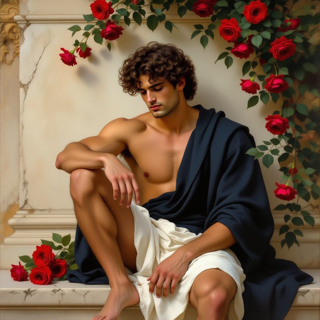 Melancholic Man and Roses in Golden Hour Light