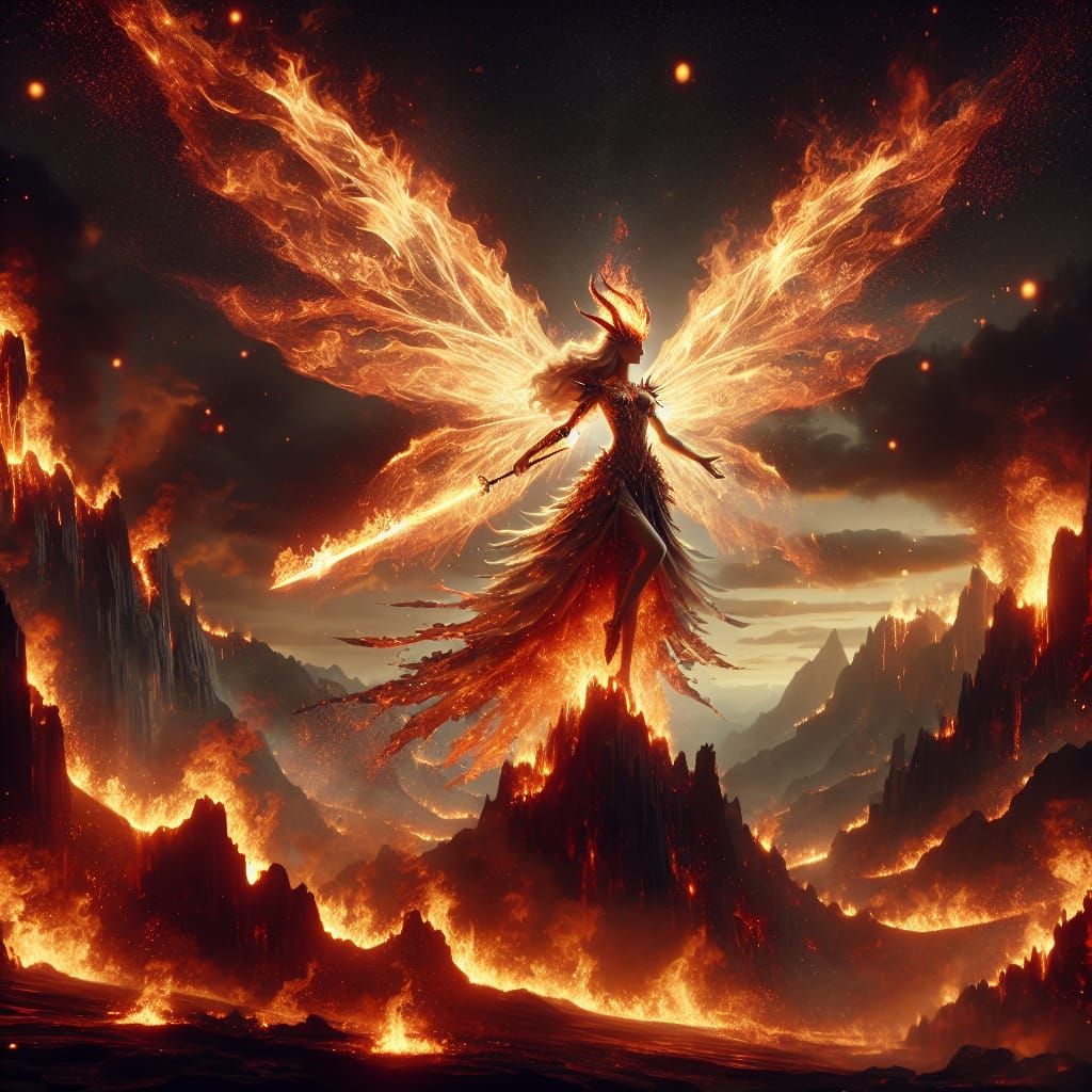 Enchanting Fire Fairy Dominates Burning Mountain Landscape