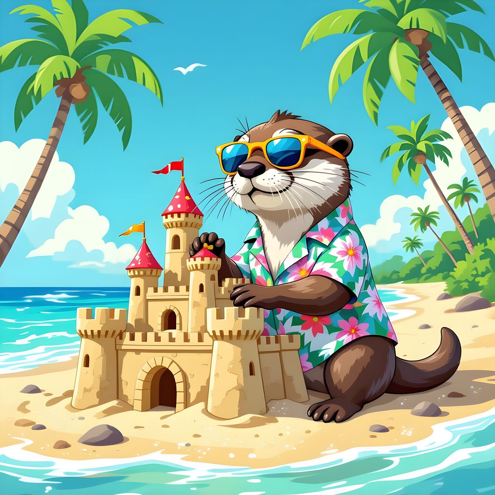 Playful Otter Builds Sandcastle on Tropical Beach