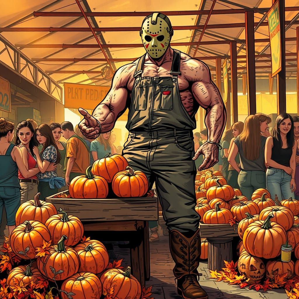 A handsome, muscular Jason Voorhees, standing tall with a hi...
