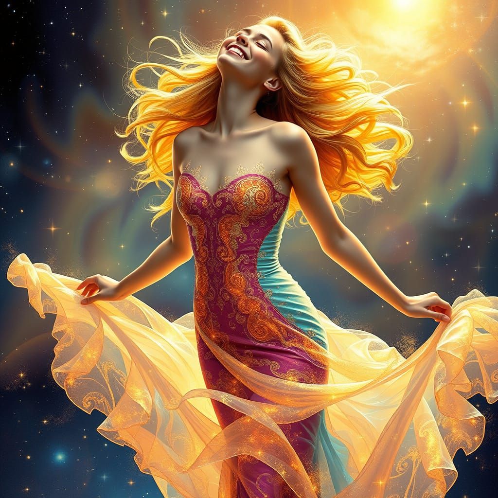 Ethereal Cosmic Goddess in Whirling Evening Gown