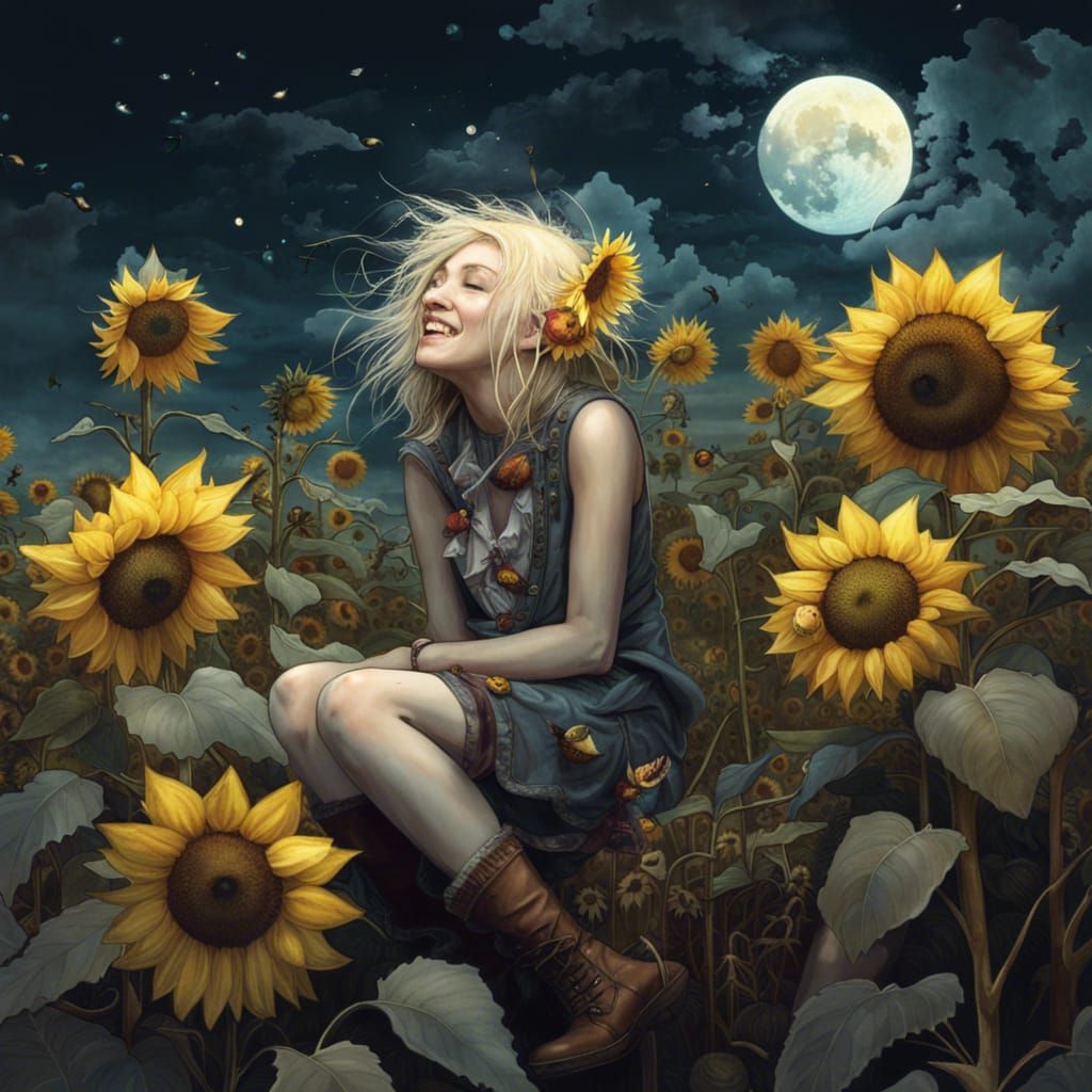 Woman in Sunflower Field Under Moonlight
