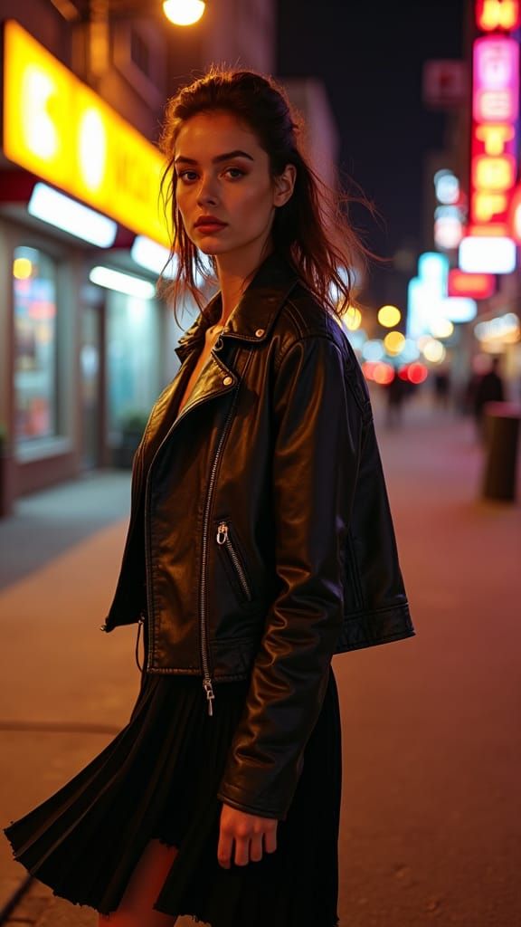 Urban Woman in Leather Jacket at Dusk