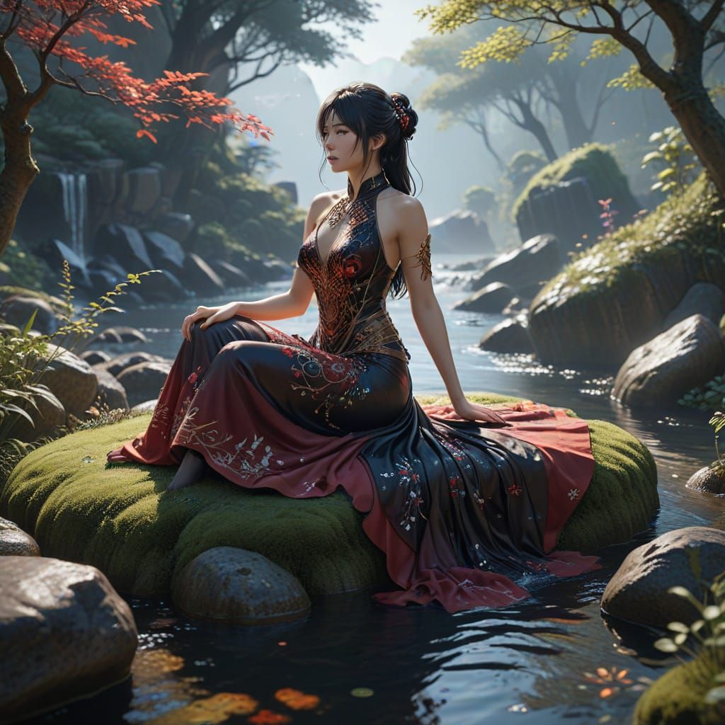 Enchanting Asian Woman in Dreamlike Landscape