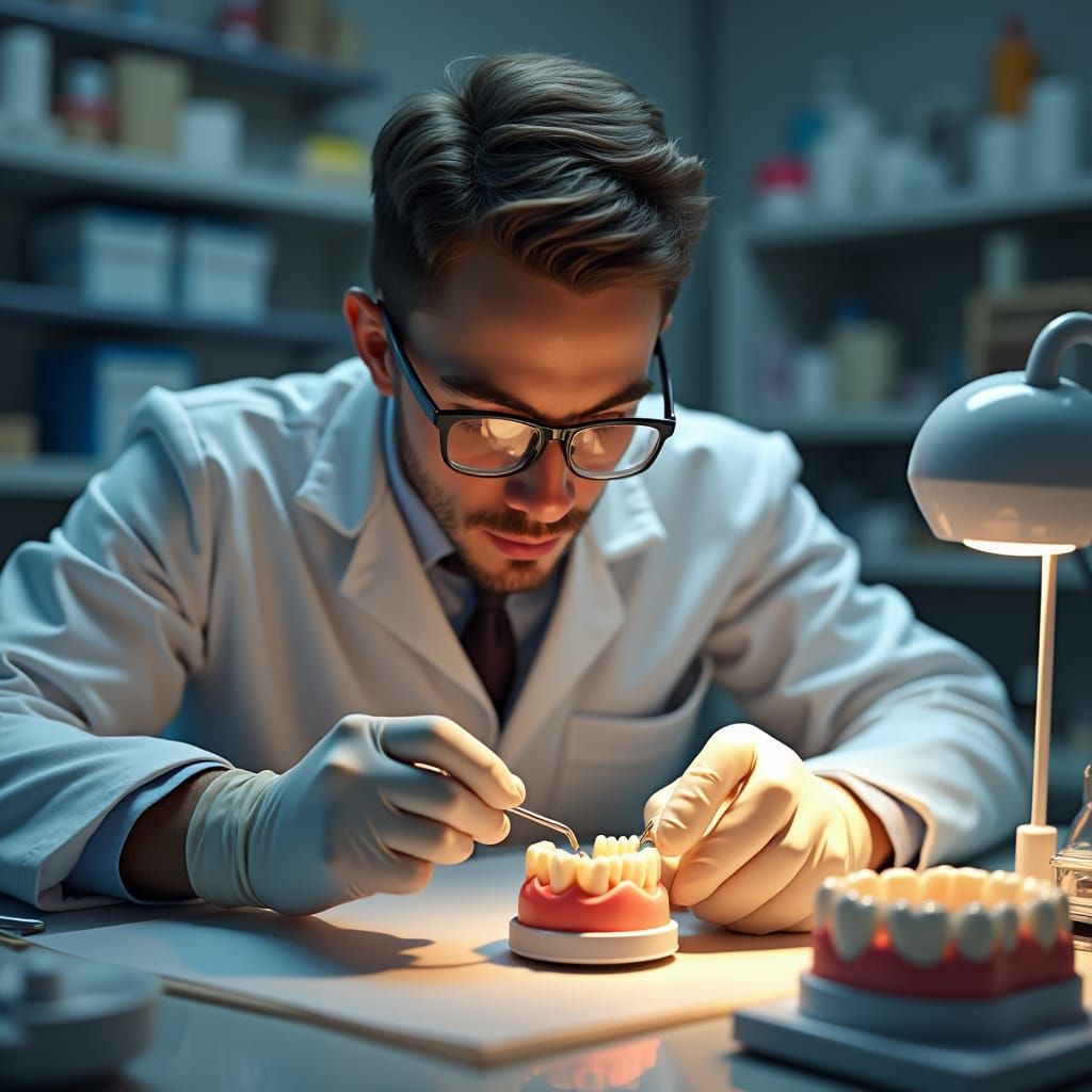 Detailed Dental Technician Caricature in Realistic Lab