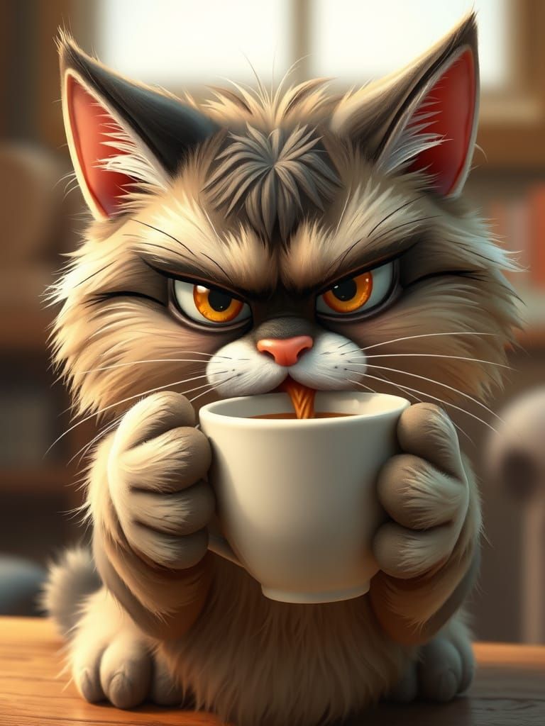 Grumpy Cat Drinks Coffee: Pixar-Style 3D Render