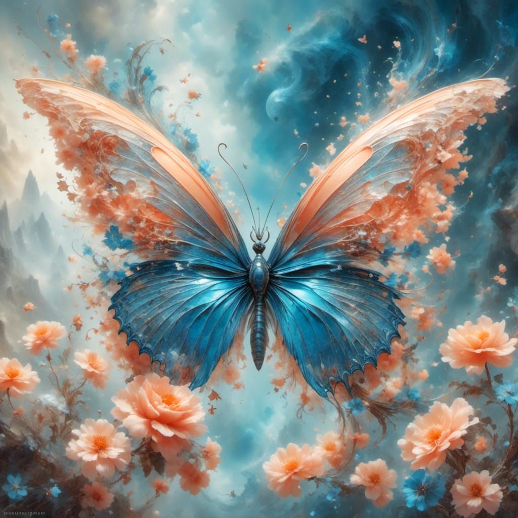 a peach and blue butterfly