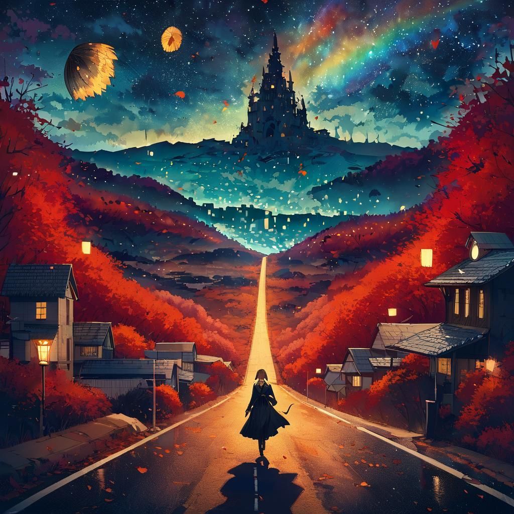 Adventurer Girl Walking on Autumn Hill at Night