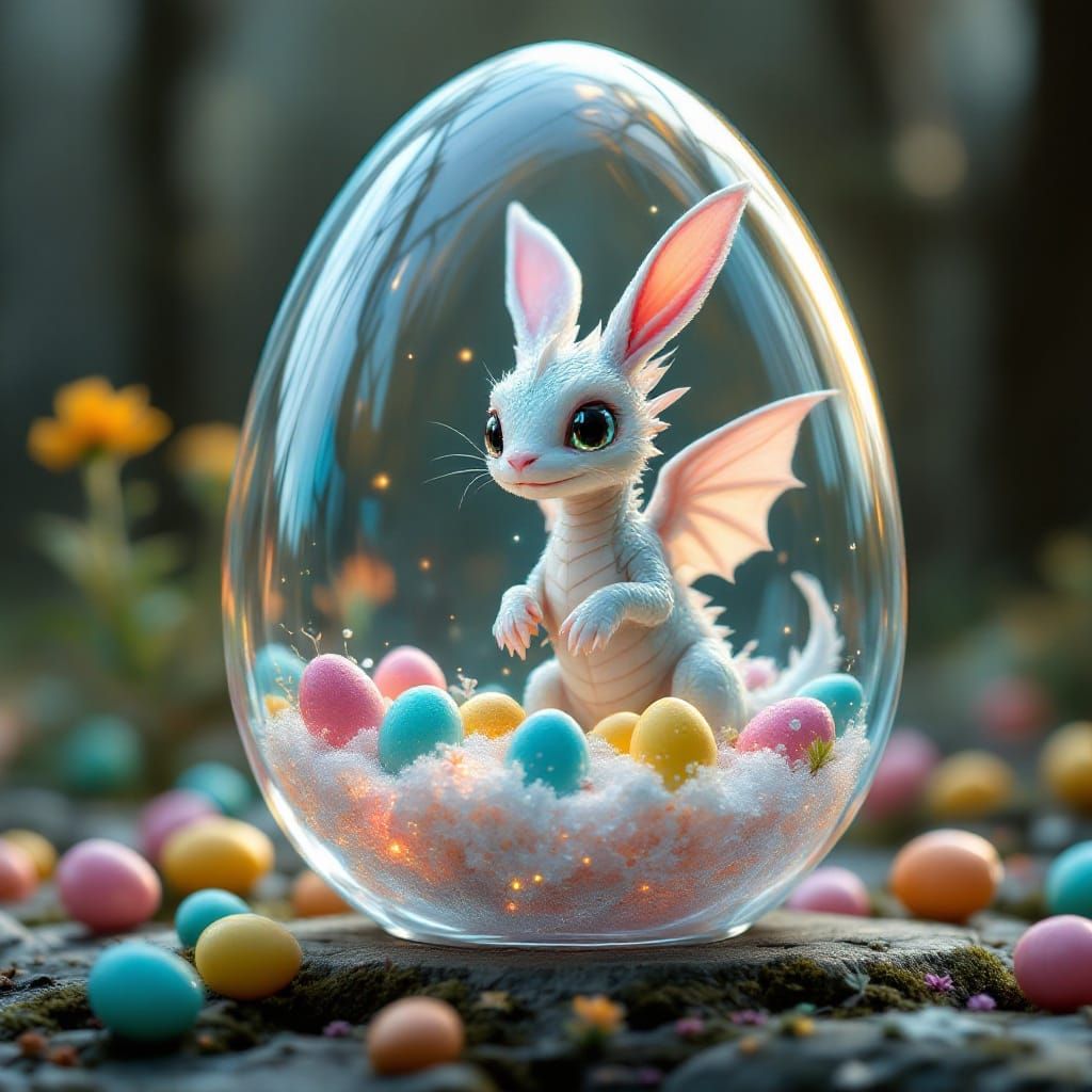 Hyper-Realistic Crystal Egg Scene with Chibi Children and Ea...