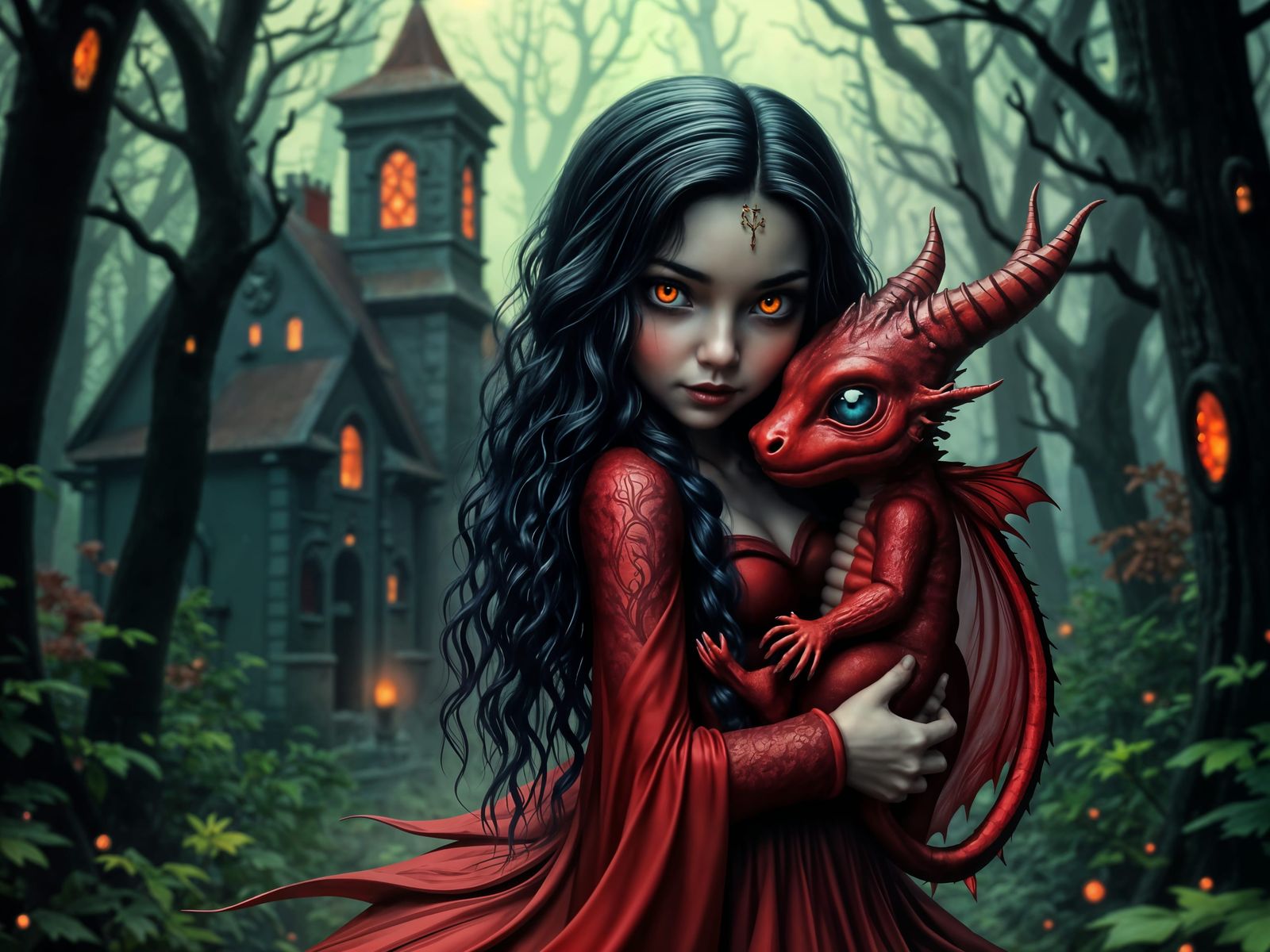 Gothic Girl with Dragon in Dark Forest