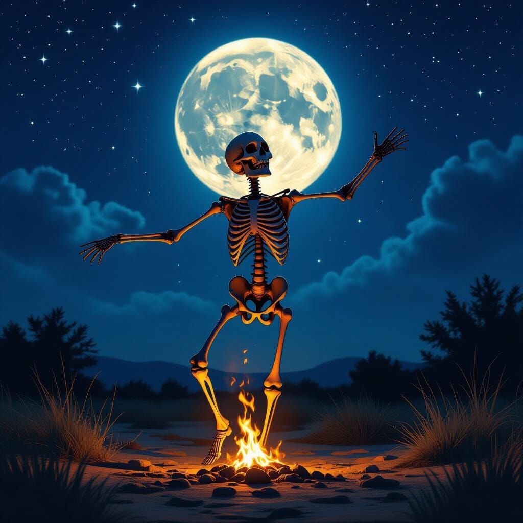 Skeleton Dancing Under Full Moon in Dramatic Chiaroscuro Sty...
